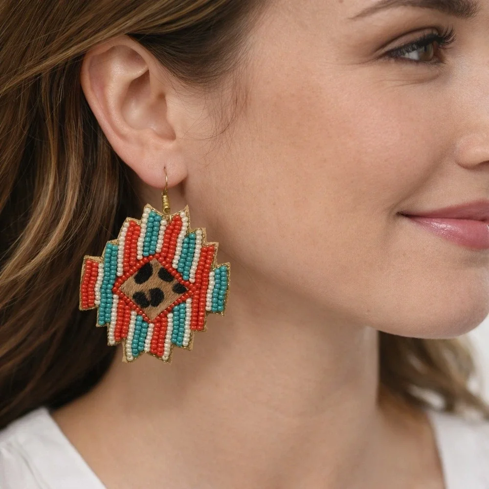 Viv &‎ Lou Dangle Earrings Women OS Red Seed Beads Leopard Print VLJ4020-RED